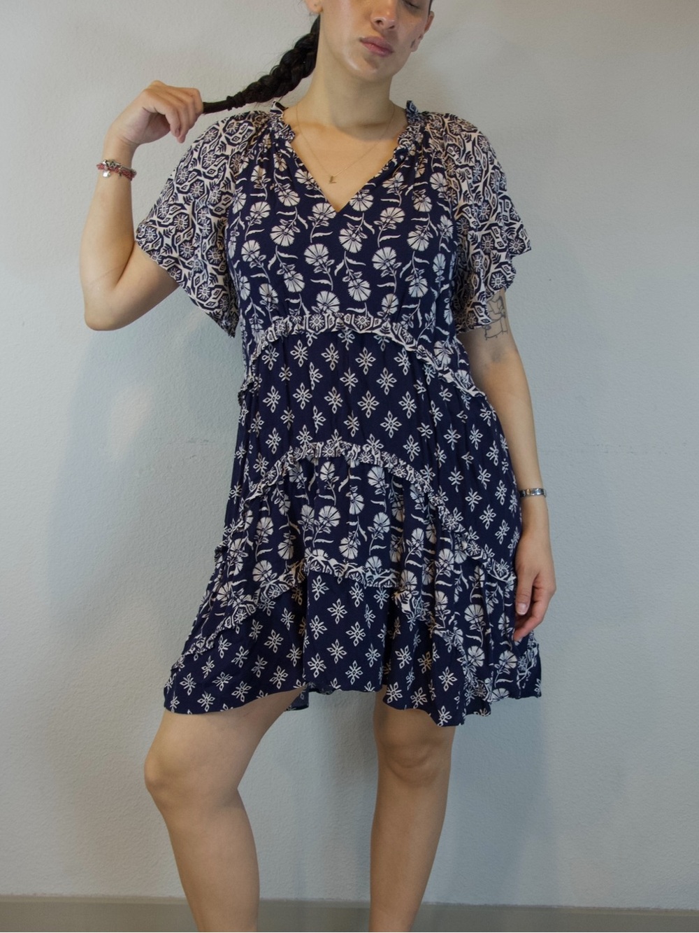 Anthropologie Navy and White Floral V-Neck Tiered Mini Dress